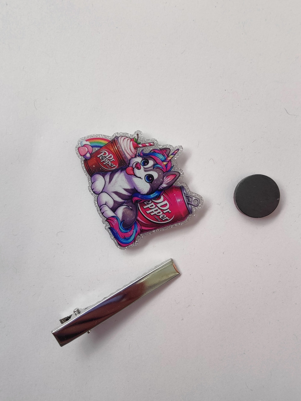 Custom Handmade Character Magnet or Hair Clip- Dr. Pepper Husky